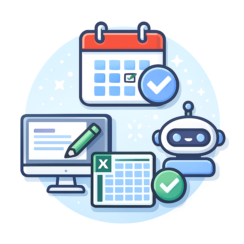 Illustratie met kalender, computer, Excel-icoon en AI-robot — symbool voor diverse digitale workshops.