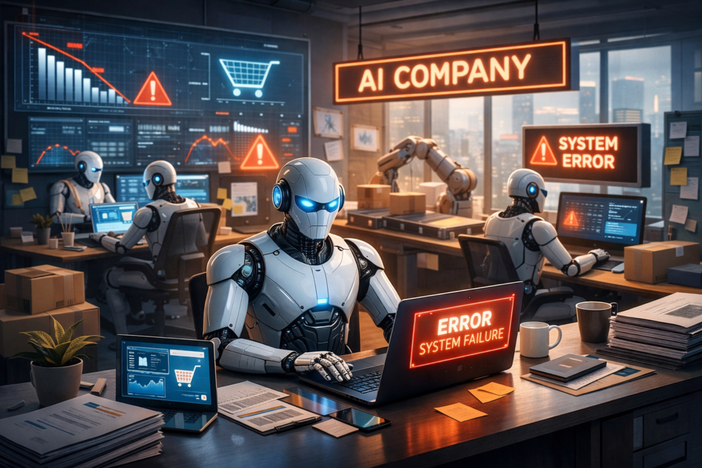 Illustratie van een AI-bedrijf waarbij automatisering leidt tot fouten en gebrek aan controle
