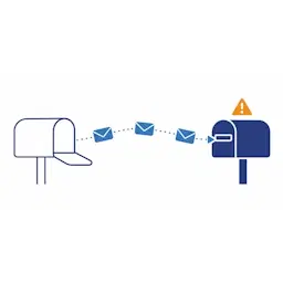 Enveloppen reizen naar een andere brievenbus, met een oranje waarschuwingsdriehoek: mail bij een nieuwe eigenaar