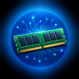 RAM-geheugenmodule met elektronische circuits als illustratie bij uitleg over werkgeheugen, RAM-geheugen en computerprestaties.
