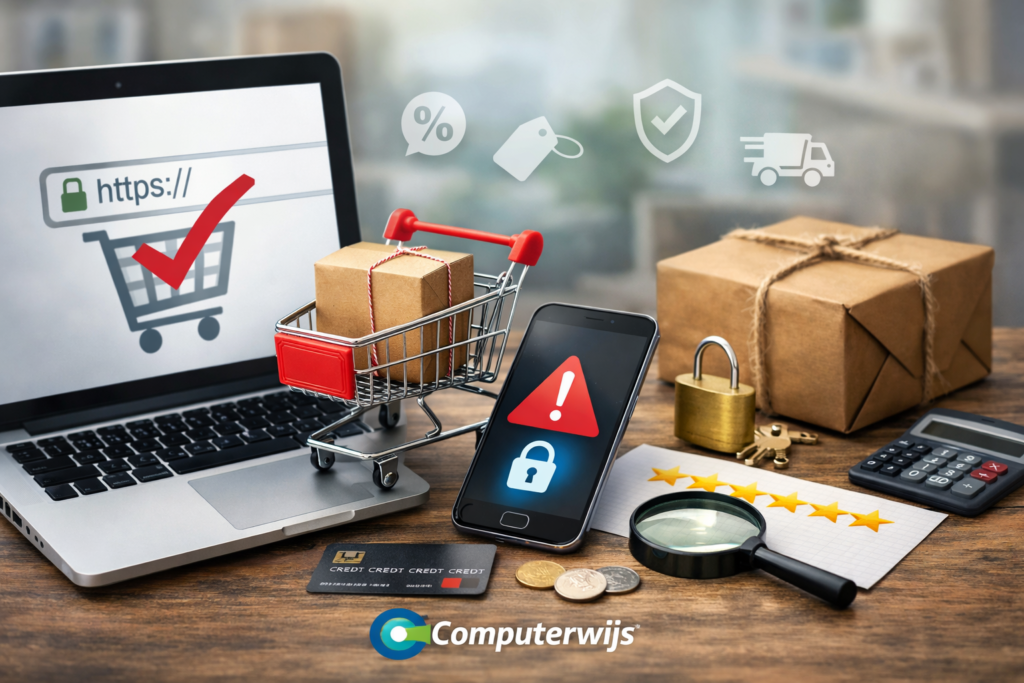 Veilig online kopen met laptop, smartphone en slot als symbool voor beveiligd online winkelen