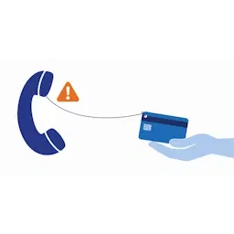 Telefoonhoorn met een touwtje naar een bankpas in een hand, als beeld voor een nepbankmedewerker die je pas wil hebben