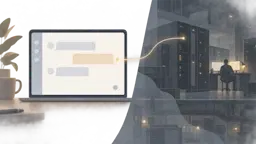 Illustratie van een chatscherm met daarachter een doorschijnend beeld van een serverrack en een werkende persoon, als symbool voor de verborgen kosten van AI