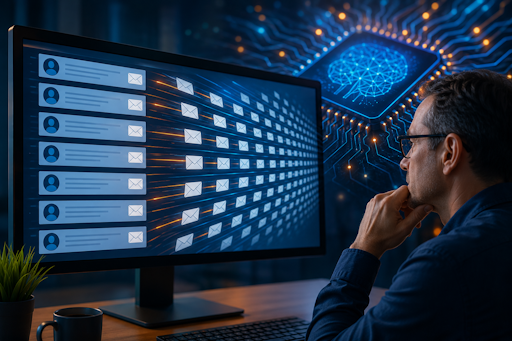 Persoon bekijkt kritisch een computerscherm waarop AI automatisch honderden digitale reacties genereert, met op de achtergrond een grote AI-chip als symbool voor kunstmatige intelligentie en online beïnvloeding.