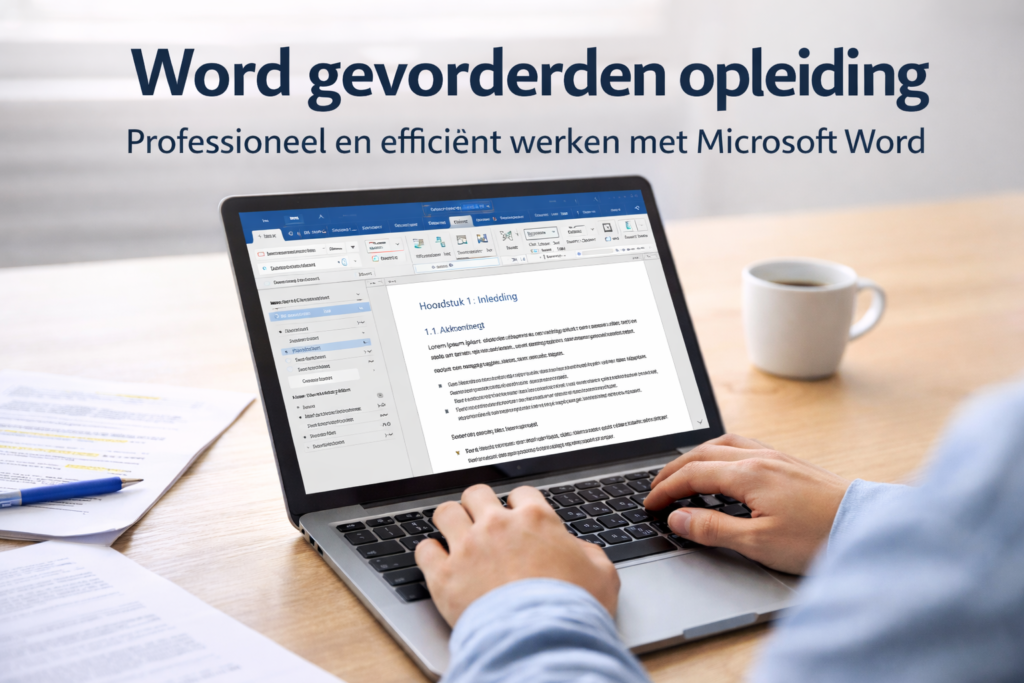 persoon werkt met Microsoft Word aan een uitgebreid document met structuur en opmaak
