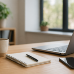 Rustige werkplek met laptop, notitieboek en koffie als symbool voor contact opnemen met Computerwijs