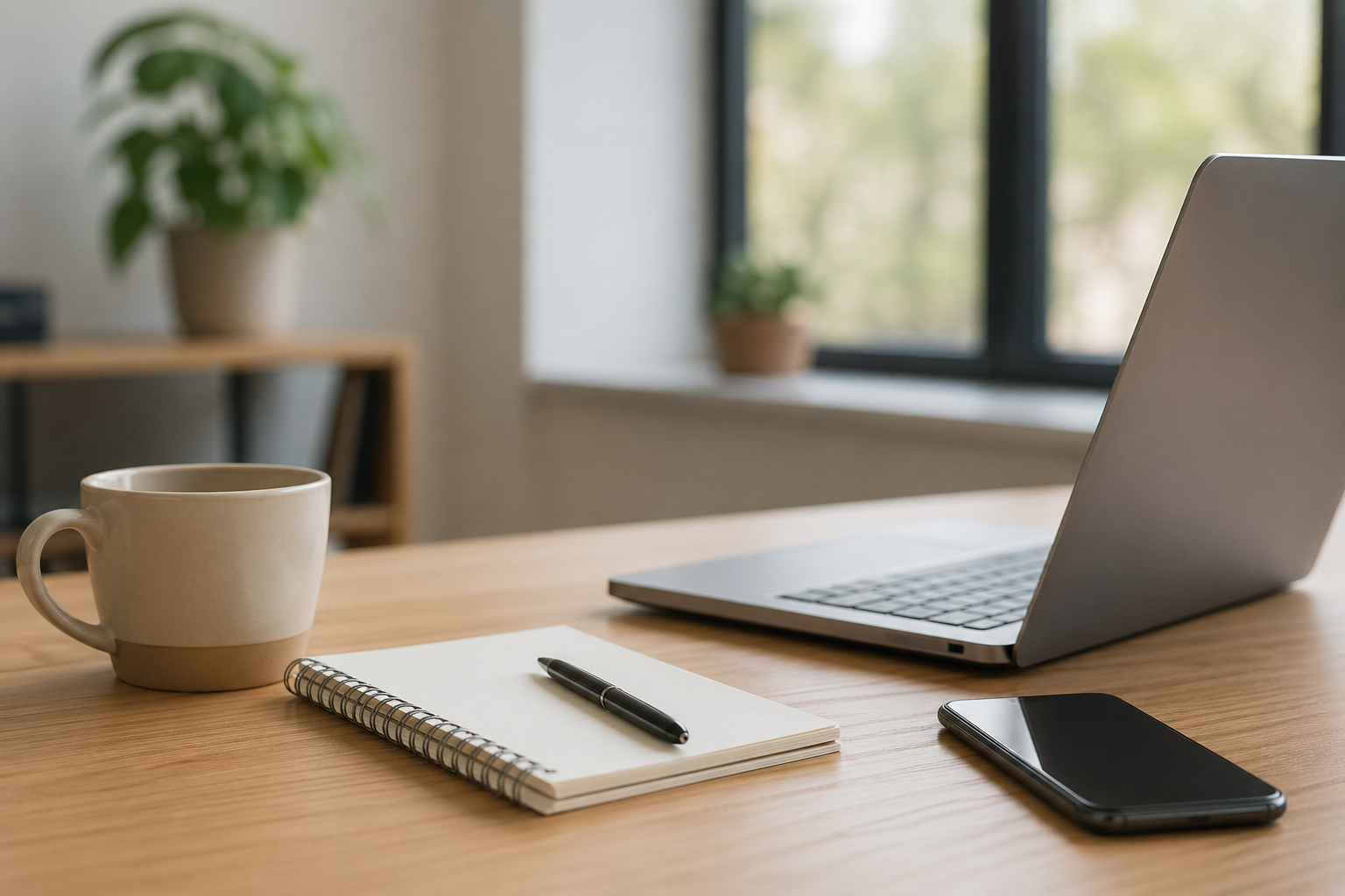 Rustige werkplek met laptop, notitieboek en koffie als symbool voor contact opnemen met Computerwijs