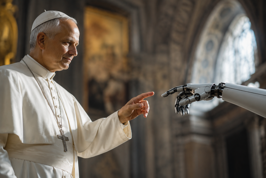 Pausachtige figuur die in een kerkelijke omgeving een robotische hand aanraakt, als symbolische illustratie van de relatie tussen menselijkheid en kunstmatige intelligentie.