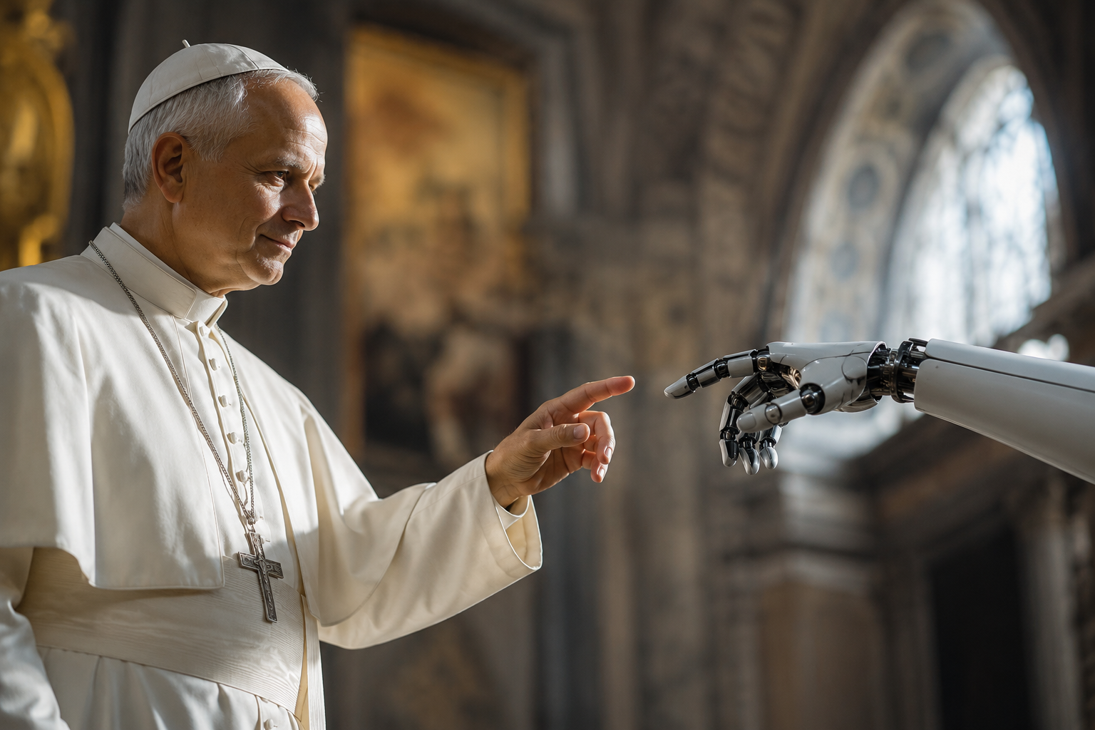 Pausachtige figuur die in een kerkelijke omgeving een robotische hand aanraakt, als symbolische illustratie van de relatie tussen menselijkheid en kunstmatige intelligentie.