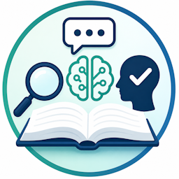 Pictogram voor AI-geletterdheid met open boek, vergrootglas, digitaal brein en menselijk profiel. Illustratie over kritisch denken, kunstmatige intelligentie en verantwoord gebruik van AI.