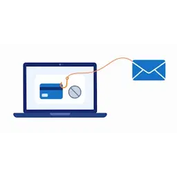 Laptop met een abonnementskaart en een betaalkaart en een envelop met een haak die naar de kaart reikt, als beeld voor een valse mail over een mislukte betaling