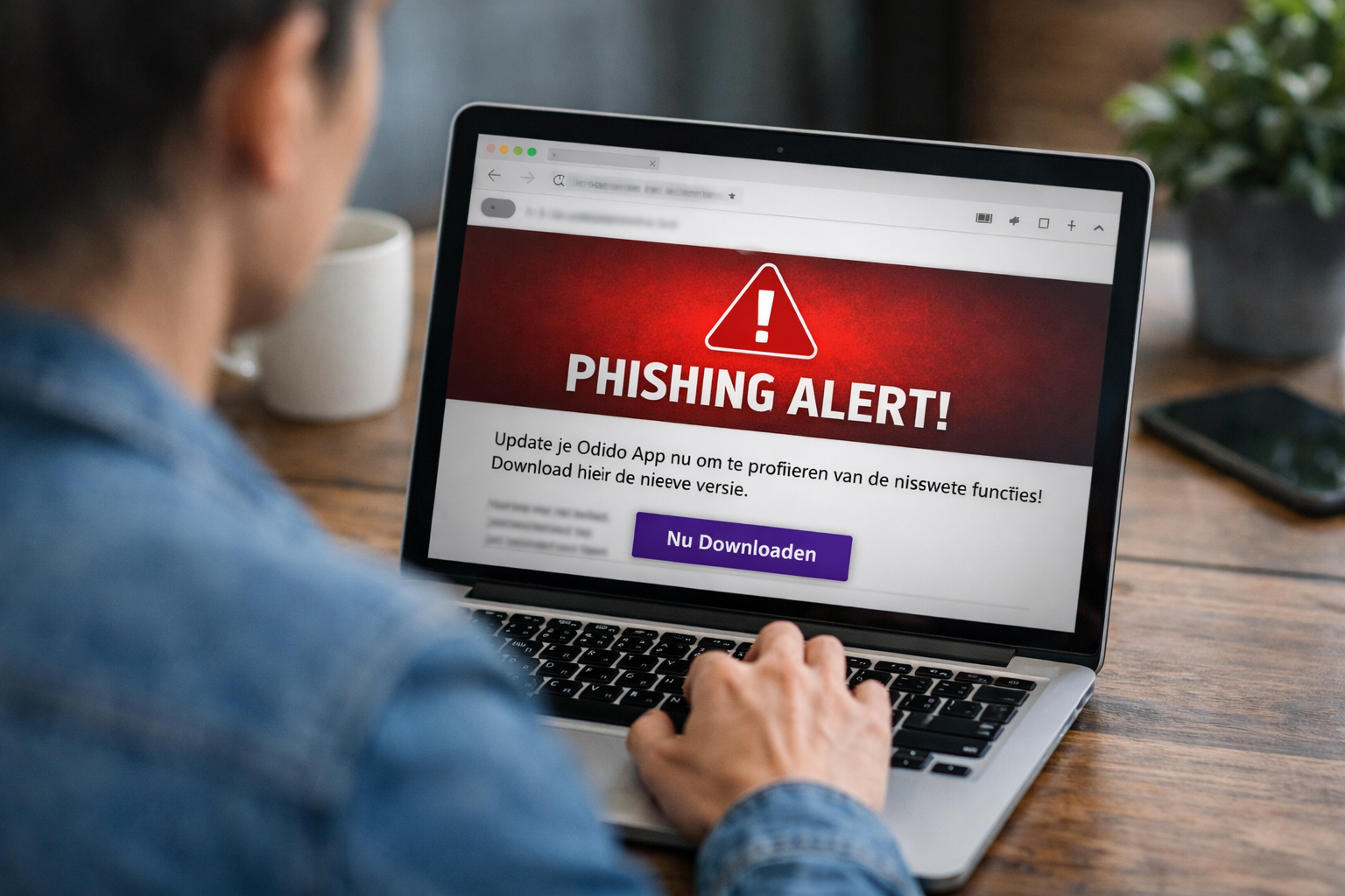 persoon bekijkt verdachte e-mail op laptop met waarschuwing voor phishing