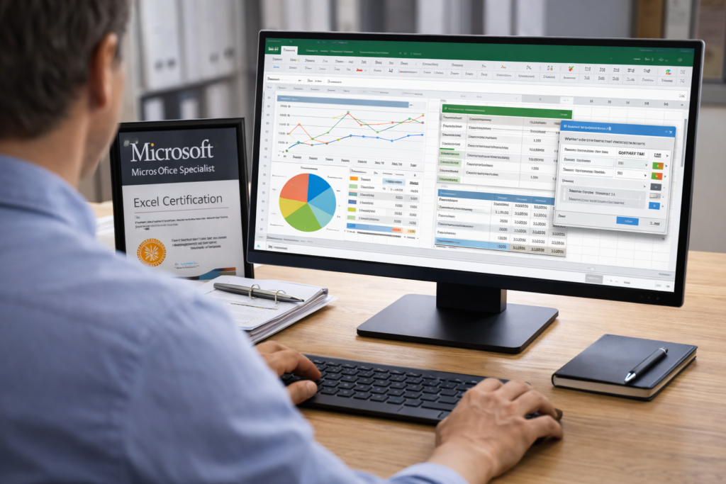 Persoon werkt professioneel met Excel terwijl een certificaat voor Microsoft Office Specialist zichtbaar is