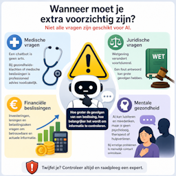 Infographic over situaties waarin extra voorzichtigheid nodig is bij het gebruik van ChatGPT. De afbeelding toont medische vragen, juridische kwesties, financiële beslissingen en mentale gezondheid als onderwerpen waarbij professioneel advies en controle van informatie belangrijk blijven.