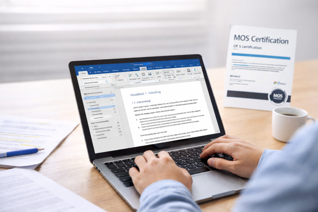 persoon werkt professioneel met Microsoft Word terwijl certificering wordt voorbereid