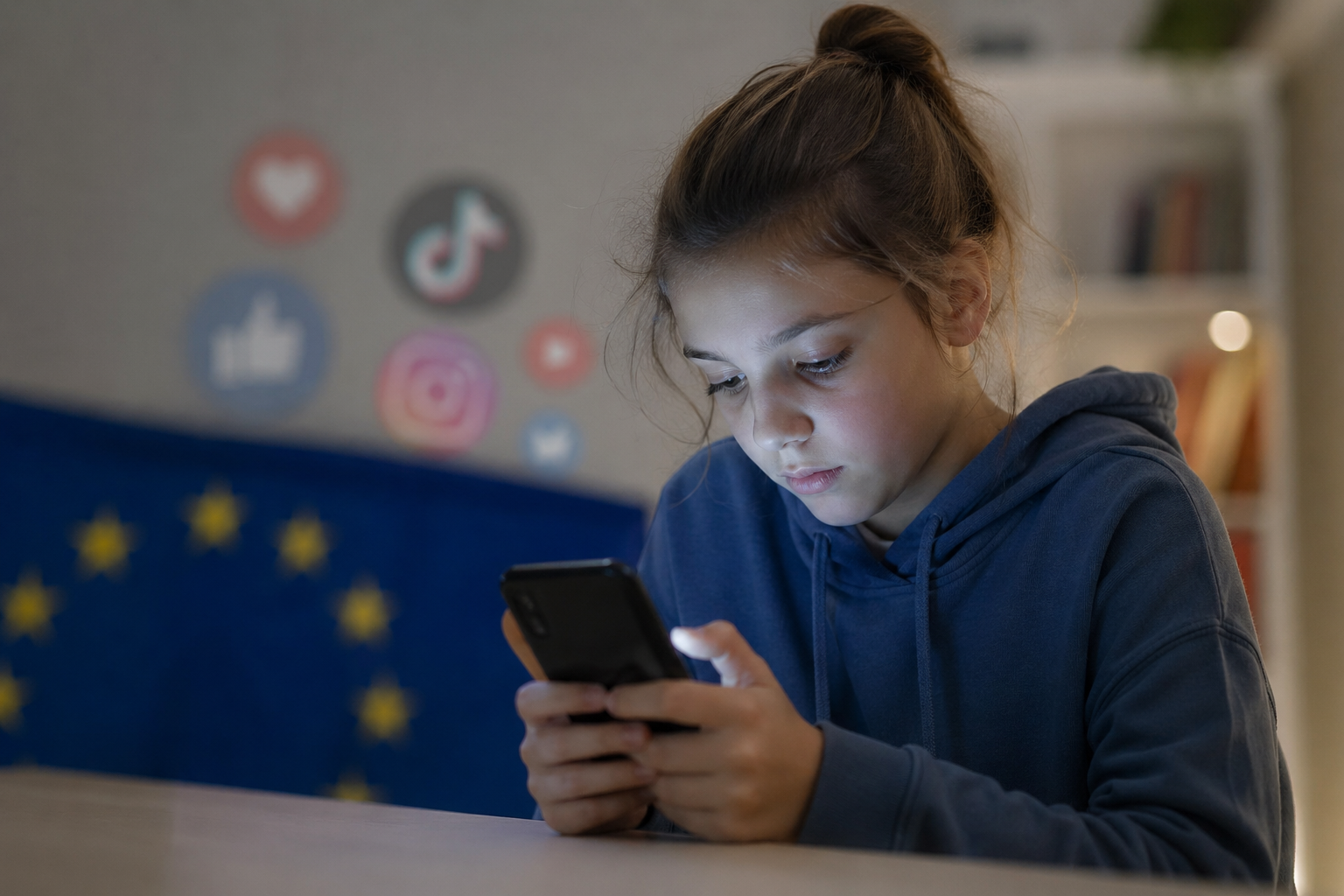 Kind gebruikt smartphone terwijl Europa strengere regels voor sociale media en bescherming van kinderen voorbereidt.