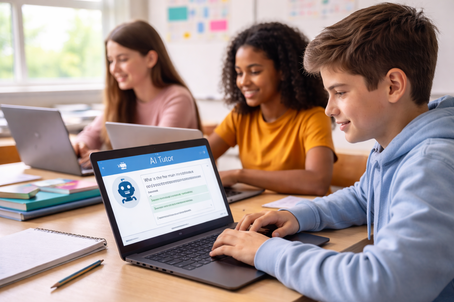 leerlingen werken met AI op laptop in klaslokaal