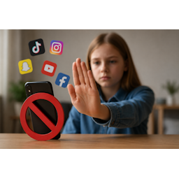 Jongere houdt een smartphone tegen als symbool voor een mogelijk verbod op sociale media voor kinderen onder de 16 jaar.