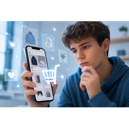 Jongvolwassene bekijkt een socialmedia-feed met producten op een smartphone terwijl een winkelmandje en digitale aanbevelingen zichtbaar zijn, als illustratie van online winkelen via sociale media.