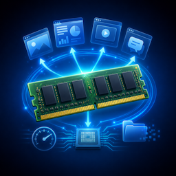 RAM-geheugenmodule die de werking van werkgeheugen in een computer symboliseert, inclusief tijdelijke gegevensverwerking en snelle toegang tot informatie.