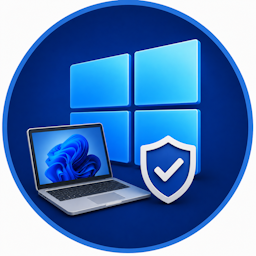 Pictogram voor de kennisbank van Computerwijs over Windows, met een laptop, Windows-logo en beveiligingsschild.