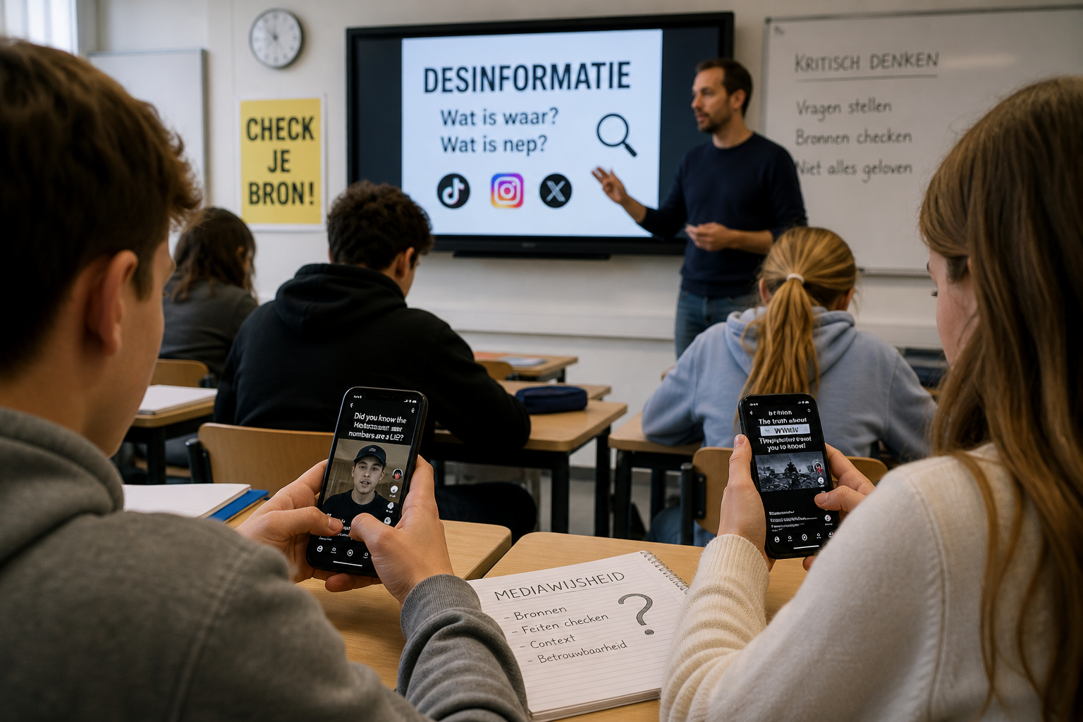Leerlingen kijken op smartphone naar TikTok in de klas met docent op de achtergrond