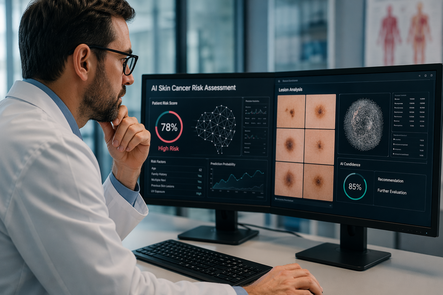 Arts bekijkt medische data terwijl AI helpt bij het voorspellen van huidkanker
