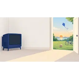 Uitgeschakelde ouderwetse televisie naast een open tuindeur met een fiets, een bal en een vlieger buiten, als beeld voor opvoeden zoals in de jaren negentig