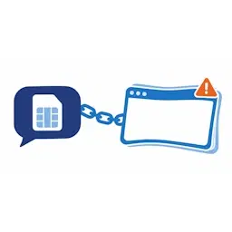 Smartphone met een berichtbubbel en simkaartje en een link naar een vervormd browservenster met een waarschuwingsdriehoek, als beeld voor een nep-sms over je simkaart