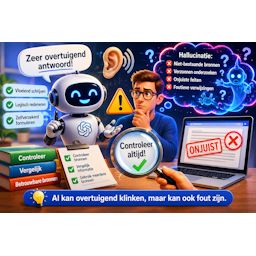 Pictogram dat uitlegt waarom ChatGPT soms overtuigend klinkende maar onjuiste antwoorden geeft. De afbeelding laat zien hoe AI-hallucinaties kunnen leiden tot verzonnen bronnen, foutieve feiten en verkeerde verwijzingen, en benadrukt het belang van broncontrole.