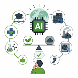 Pictogram van een AI-chip met symbolen voor onderwijs, zorg, wetenschap, datacenters, energieverbruik en duurzaamheid. De illustratie benadrukt dat AI veel voordelen biedt, maar ook een ecologische voetafdruk heeft en daarom bewust gebruikt moet worden.
