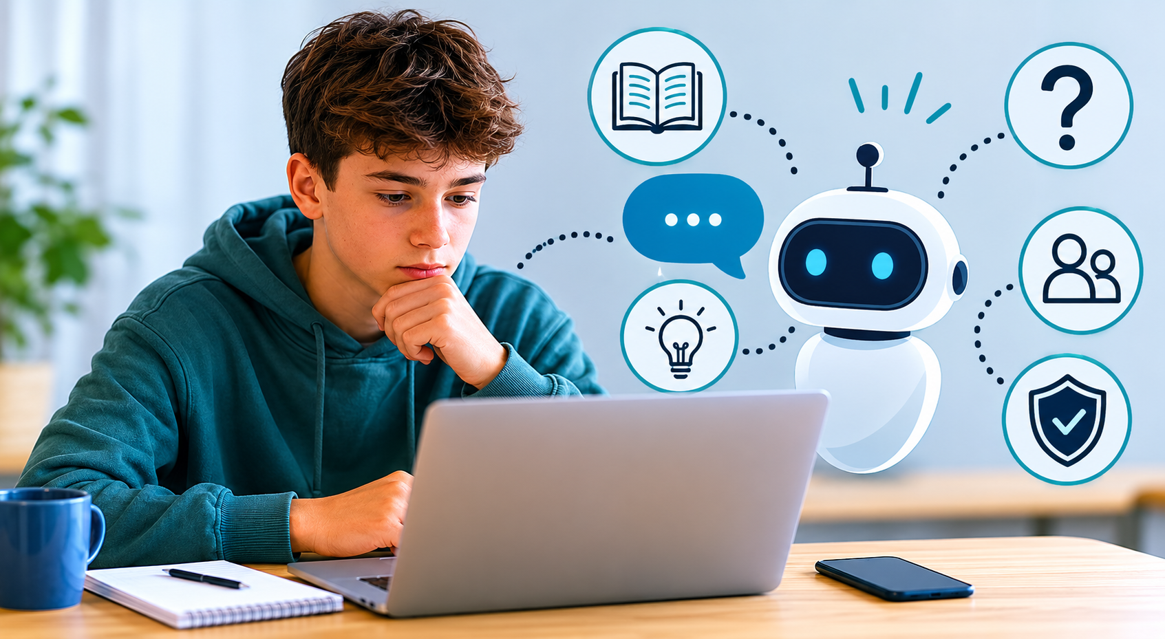 Jongere gebruikt een laptop met AI-chatbot terwijl symbolen voor leren, kritisch denken, geloof, begeleiding en verantwoordelijkheid zichtbaar zijn rondom het scherm. Deze illustratie benadrukt verantwoord gebruik van kunstmatige intelligentie door jongeren.