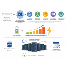 Pictogram dat laat zien hoe een AI-model een vraag analyseert, context begrijpt, patronen herkent en een antwoord genereert. De illustratie toont dat AI veel rekenkracht, datacenters en energie nodig heeft om grote hoeveelheden gegevens te verwerken en te trainen.