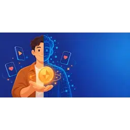 Half echte, half digitale persoon met een gouden munt en telefoonschermen, als beeld van een AI-influencer