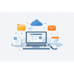 Illustratie van digitale basisvaardigheden met laptop, bestanden, e-mail en cloud