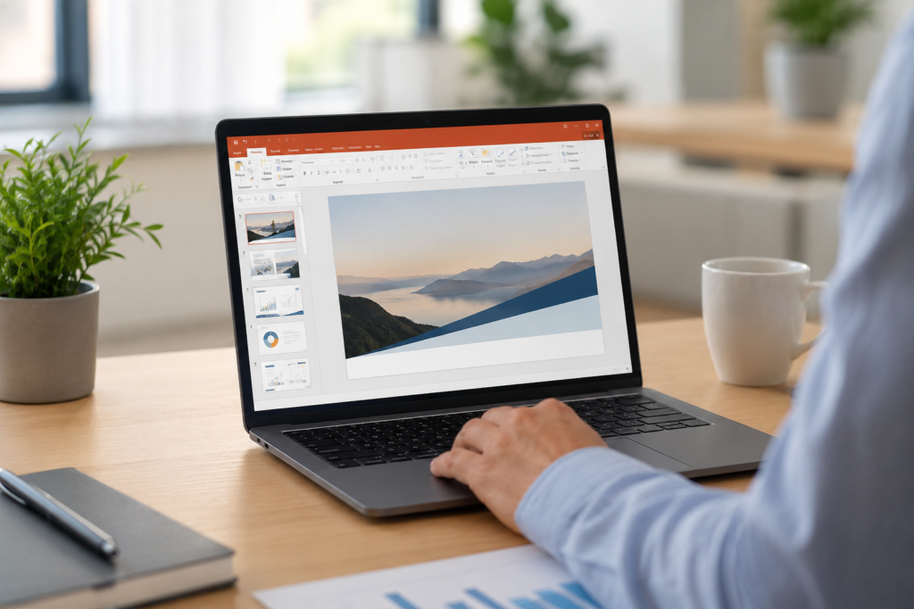 persoon werkt met PowerPoint en maakt een presentatie op laptop