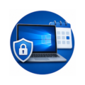 Pictogram van een Windows 10-laptop met een beveiligingsschild en een kalender die de verlengde beveiligingsupdates tot 2027 symboliseert.