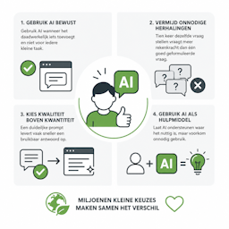 Pictogram met tips voor verantwoord gebruik van AI. De illustratie toont bewust gebruik, minder herhalingen, duidelijke prompts en AI als hulpmiddel, met aandacht voor het verminderen van energieverbruik en milieubelasting.