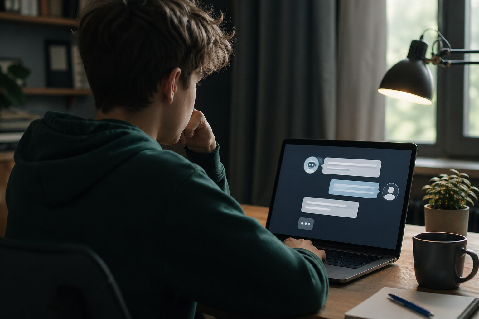Persoon gebruikt AI-chatbot op laptop terwijl het artikel gaat over mediawijsheid, veiligheid en verantwoord omgaan met kunstmatige intelligentie.