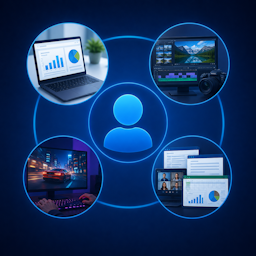 Praktijkvoorbeelden van computergebruik zoals Office, videobewerking, gaming en videobellen die de rol van RAM-geheugen en werkgeheugen illustreren.