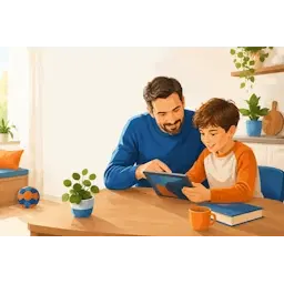 Vader en kind gebruiken samen een tablet aan tafel in een huiselijke omgeving.