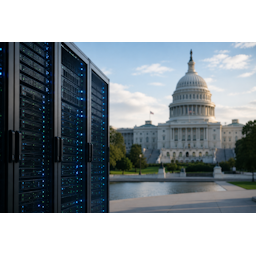 Servers op de voorgrond met het Capitool van de Verenigde Staten op de achtergrond, als illustratie van de groeiende rol van de Amerikaanse overheid bij geavanceerde kunstmatige intelligentie.