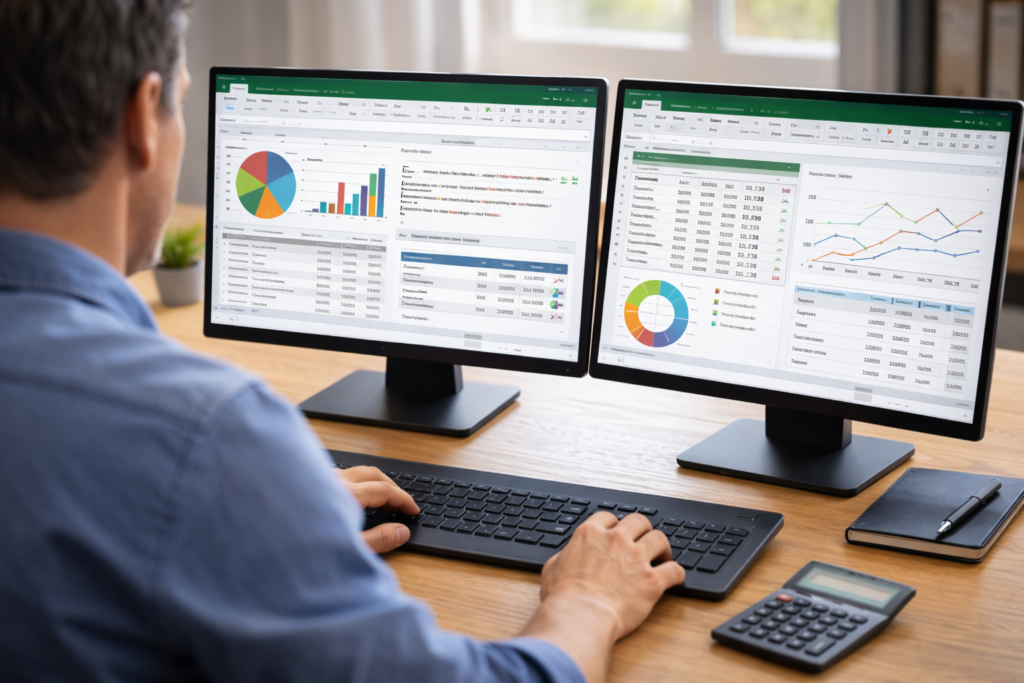 persoon werkt met geavanceerde Excel grafieken en data analyse op twee schermen