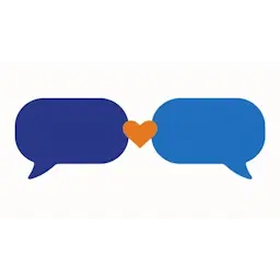 Twee gespreksbubbels die met een klein hartje met elkaar verbonden zijn, als beeld voor steun aan iemand die slachtoffer is geworden