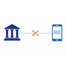 Bankgebouw en smartphone met een doorgeknipte stippellijn ertussen, als beeld voor een sms die niet echt van de bank komt