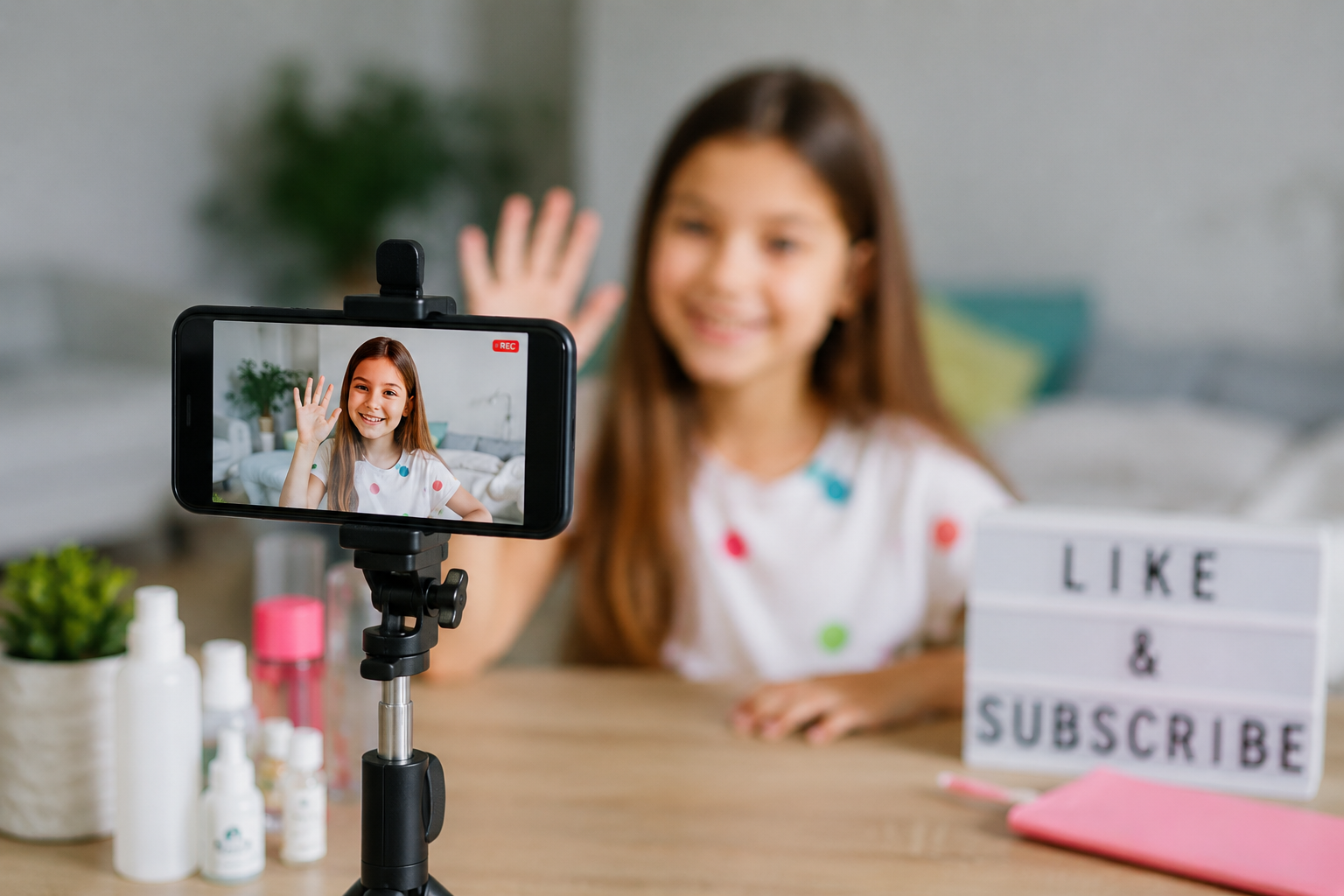 Jong kind dat een video opneemt voor sociale media als illustratie bij commerciële kindervlogs