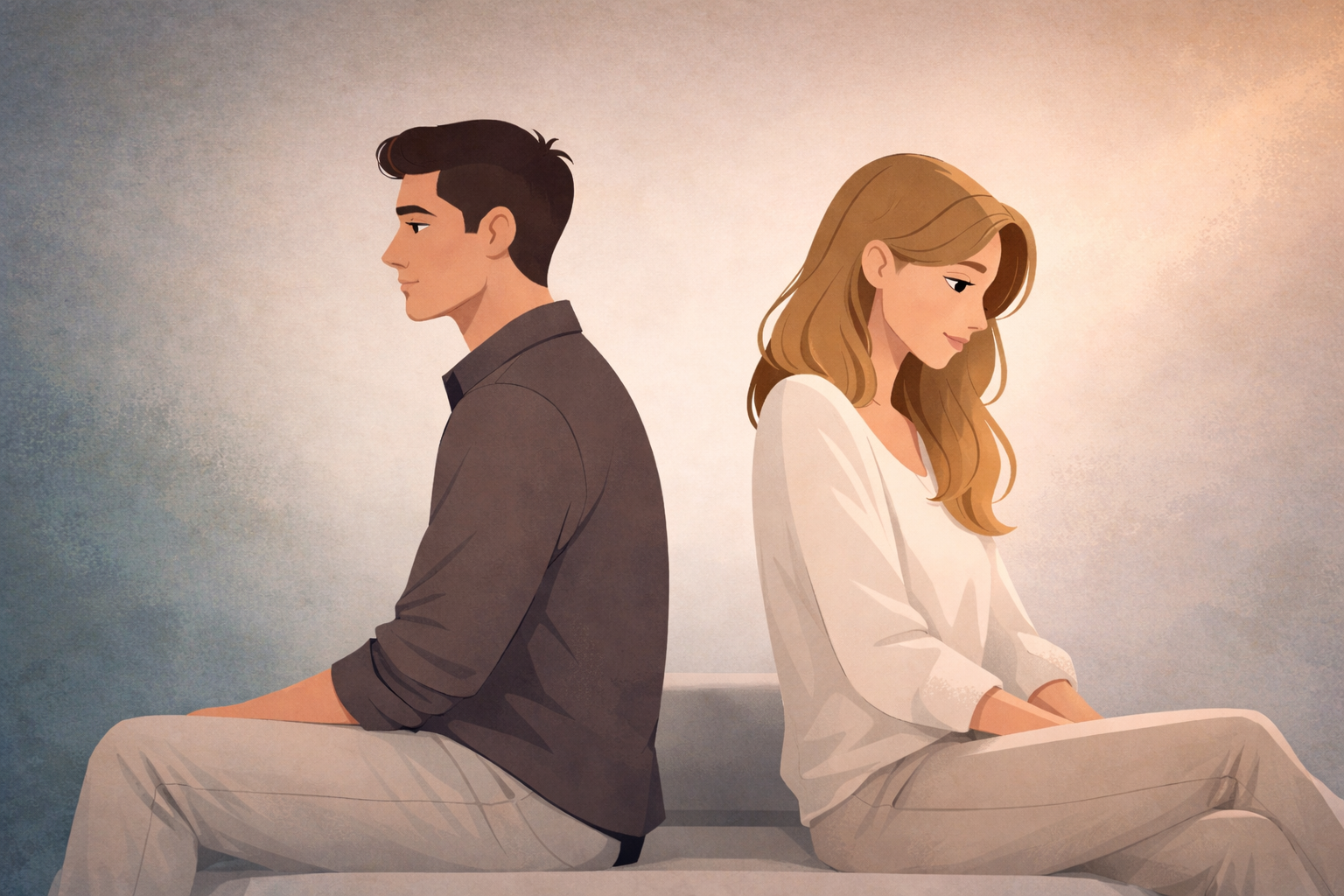 Koppel zit rug aan rug en voelt emotionele afstand in hun relatie.