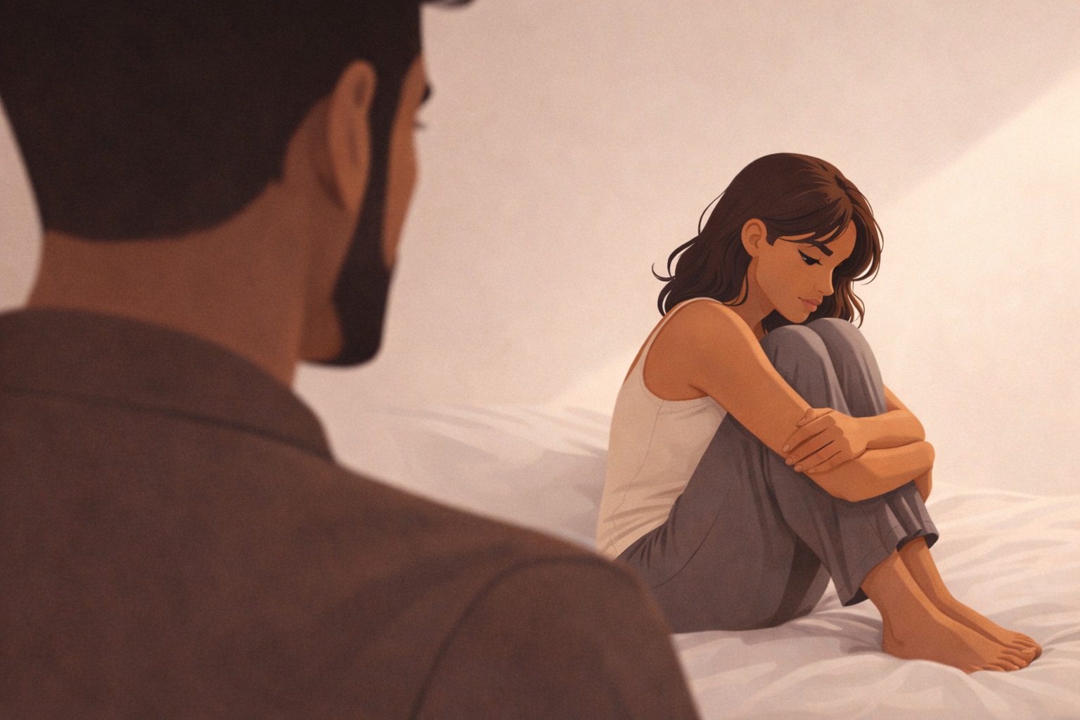 Een vrouw trekt zich even terug terwijl haar partner op afstand toekijkt, beeld van emotionele afstand in een relatie.